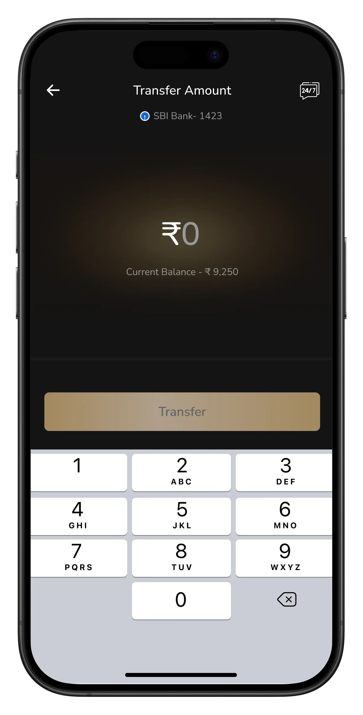 Tap account → amount screen