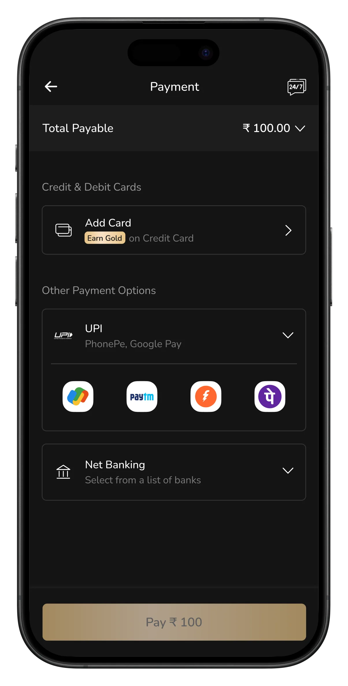 User select payment method (here UPI)