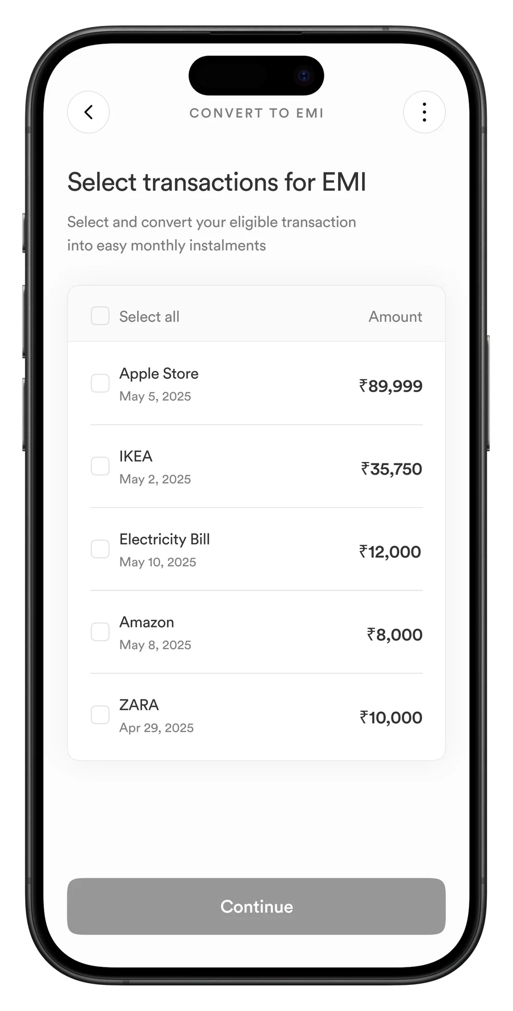 Select transactions for EMI
