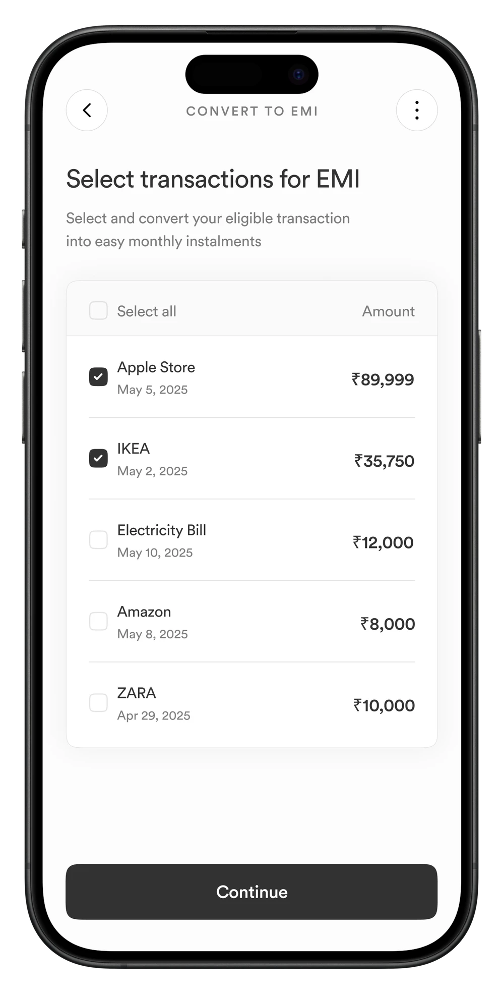 Transactions selected