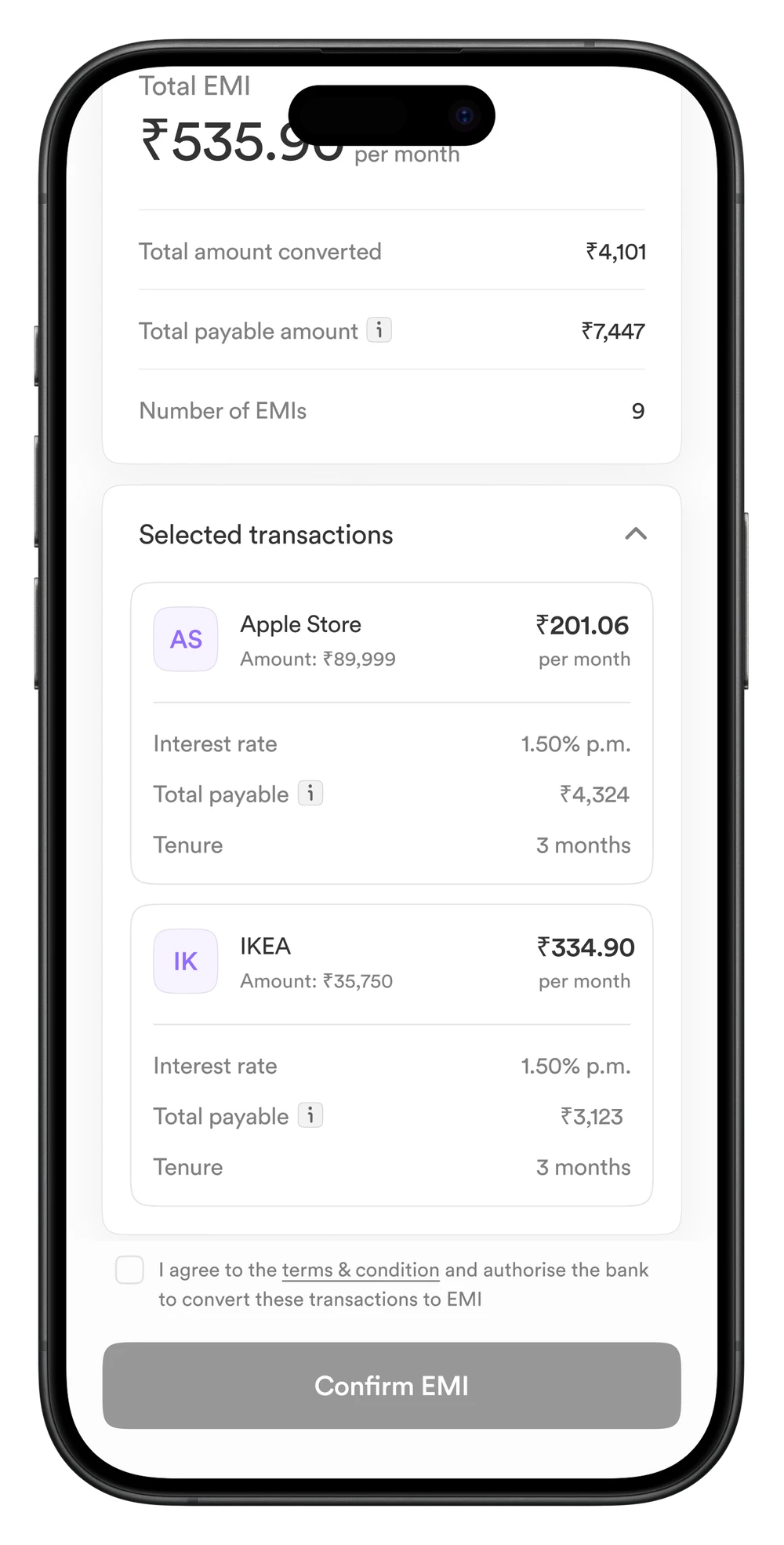 Selected transactions